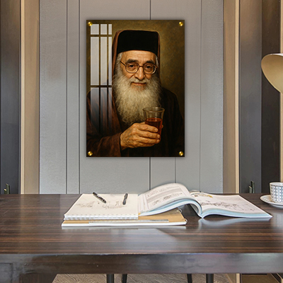 1403 - ציור של בבא מאיר מחזיק כוס קידוש על קנבס או זכוכית