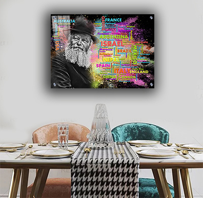 ציור של הרבי מליובאוויטש על רקע שמות מדינות העולם