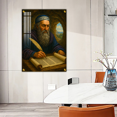 5419 - ציור של רבי שמעון בר יוחאי במערה על קנבס או זכוכית