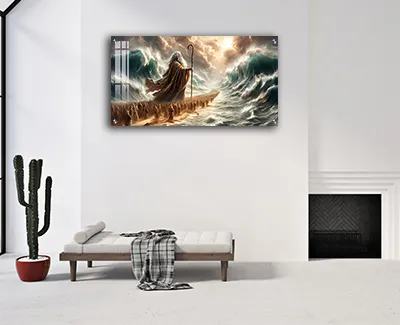 2055 - ציור יהדות של מלבני של משה רבנו בקריעת ים סוף על קנבס או זכוכית