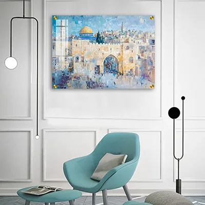 2073 - ציור אמנותי של חומות ירושלים עם נגיעות זהב על קנבס או זכוכית