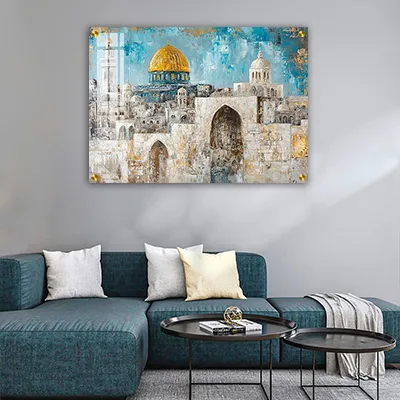 2074 - ציור אמנותי של חומות ירושלים עם נגיעות זהב על קנבס או זכוכית