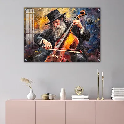 2033 - ציור צבעוני של חסיד מנגן בכינור על קנבס או זכוכית